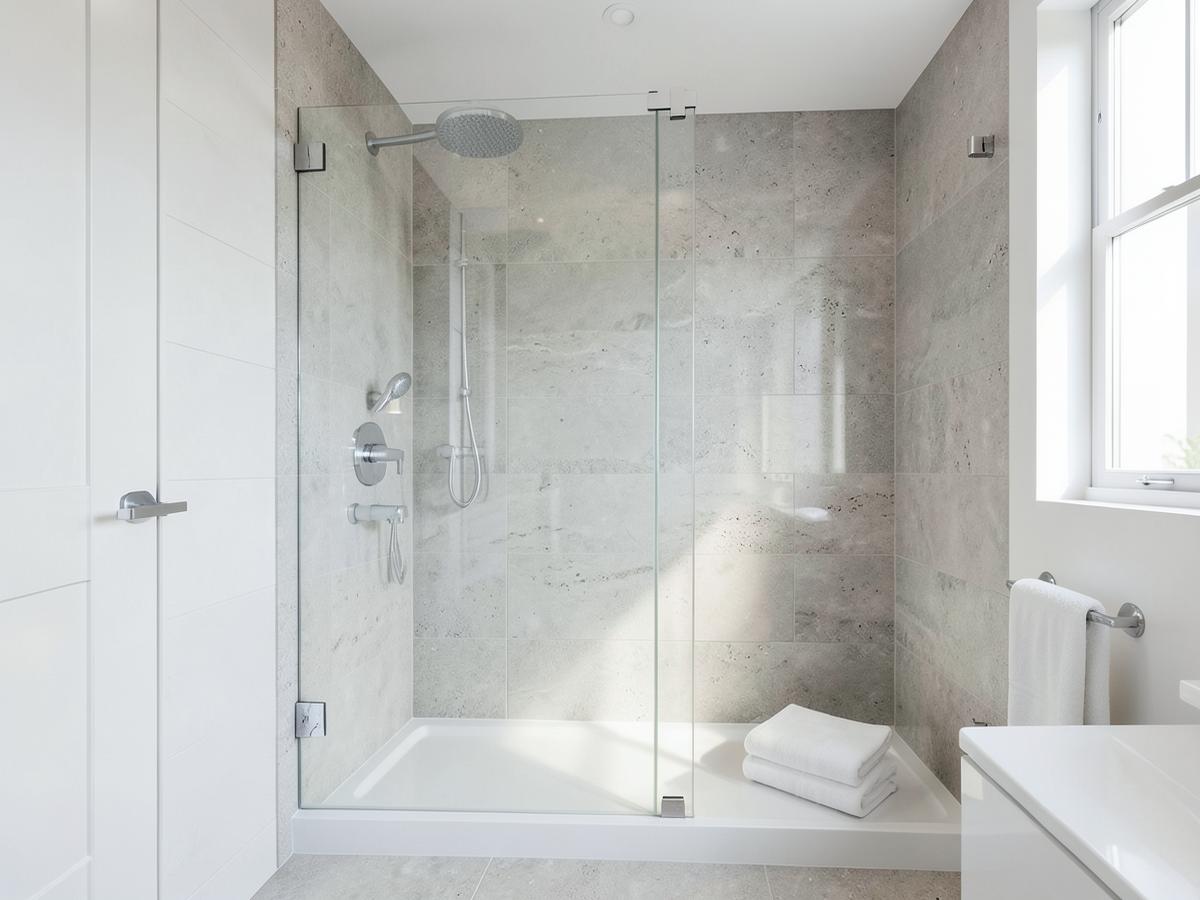 Detailed bathroom with glass shower and stone tile after cleaning