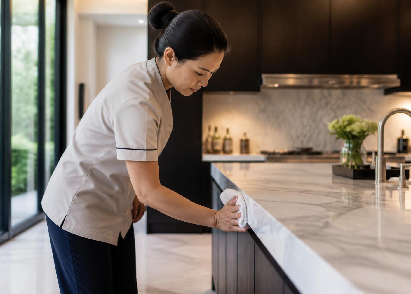Cleaner detailing the edge of a marble kitchen counter