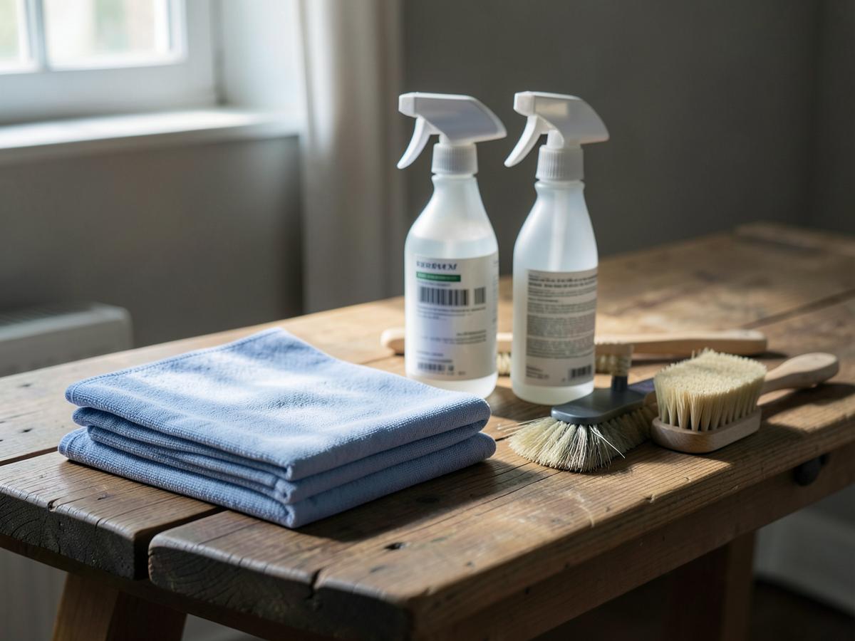 Folded microfiber cloths, brushes, and spray bottles arranged on a workbench