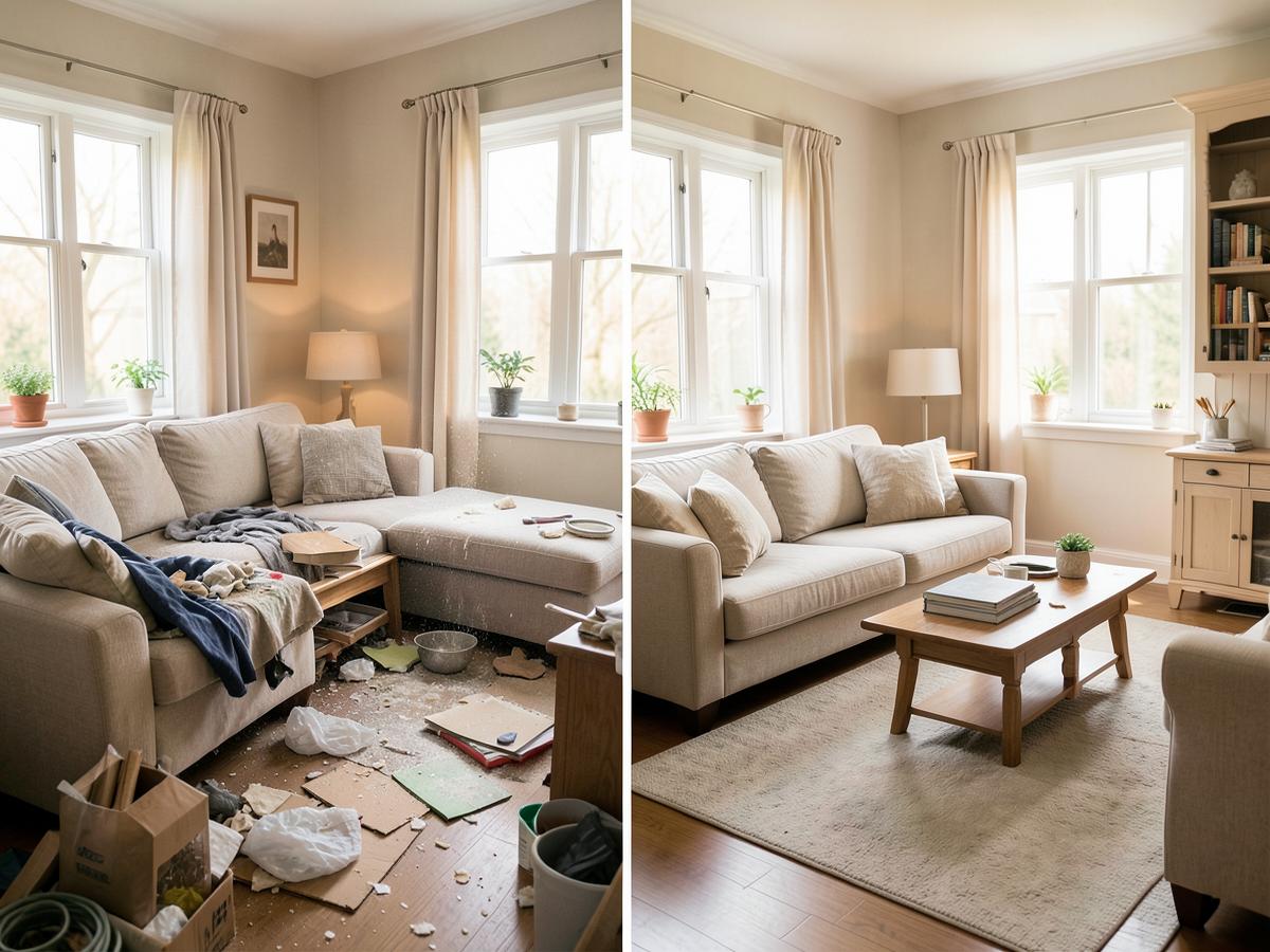 Living room before and after a compassionate home reset cleaning