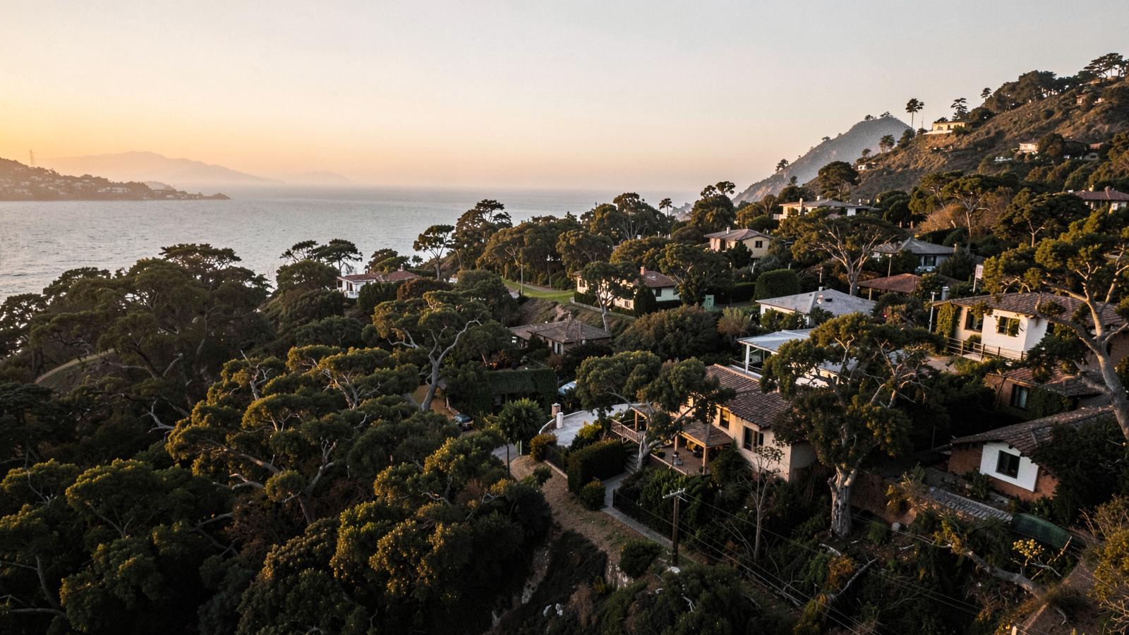 Southern California coastal hillside neighborhood at golden hour